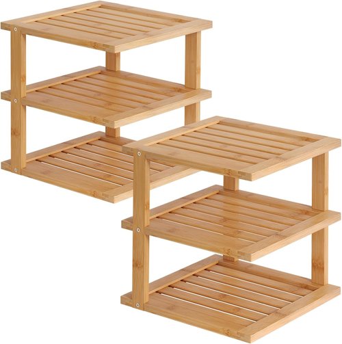 Bamboo Corner Shelf - 3 Tier Kitchen Cabinet Organizer for Plates & Dishes | Natural Finish, 2 Pack