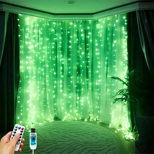 Skiennix 300 LED Fairy Curtain Lights - 9.8 x 9.8FT Green USB Plug with Remote & 8 Modes for Indoor/Outdoor Decor