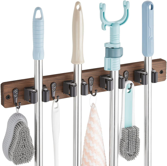OUTNILI Mop and Broom Holder Wall Mount - Rustic Wood Organizer with 4 Slots & Hooks for Garage, Closet, Laundry Room