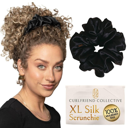 Silk Scrunchies Ponytail Holders – Oversized Mulberry Silk Scrunchies – Extra Large No Damage Hair Ties for Curly, Thick, and Thin - Hair Accessories for Women – Black & White, XL By Curlfriend