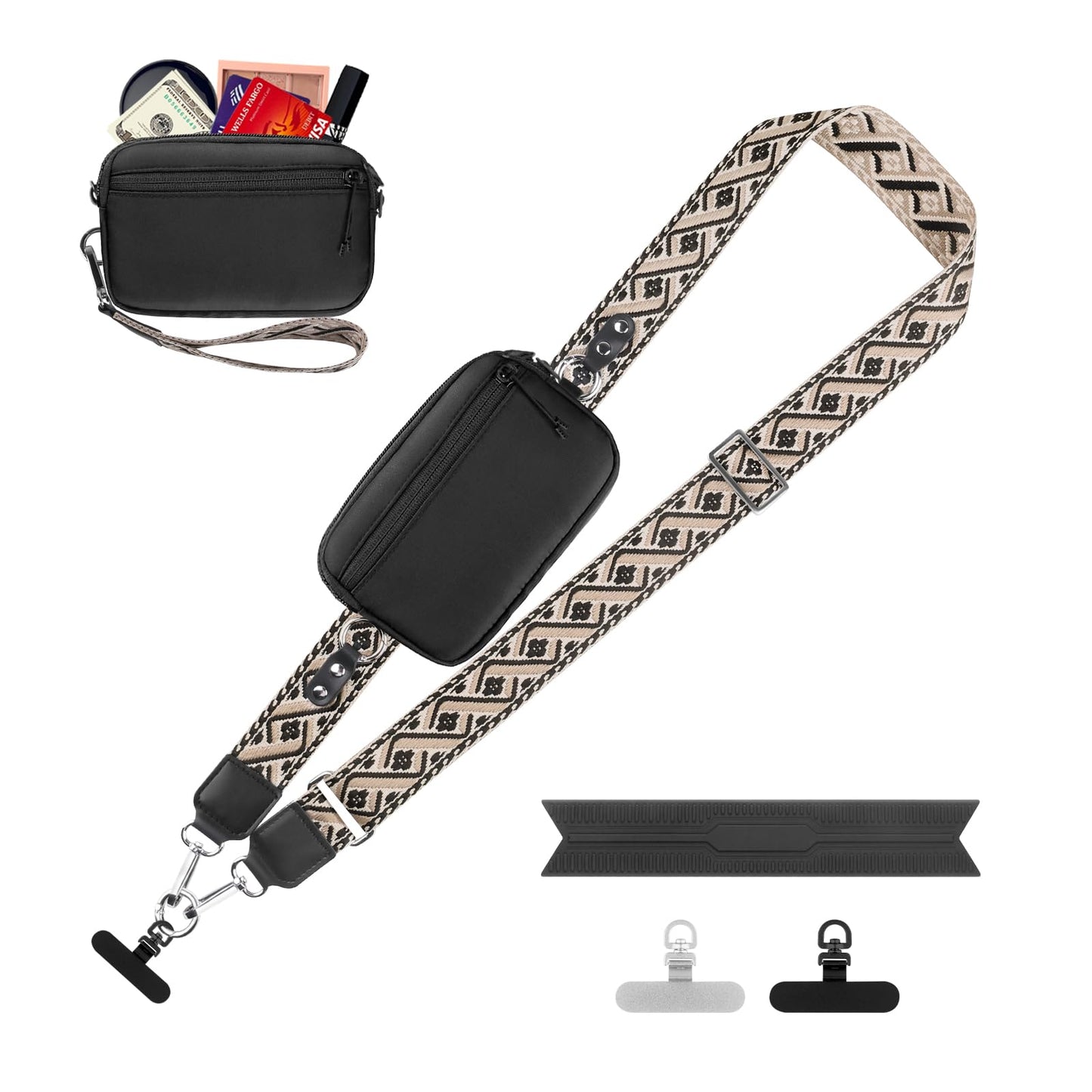 YFWE Clip and Go Strap for Phone with Wallet Crossbody, Adjustable Phone Lanyard with Detachable RFID Wristlet Wallet, Pattern Strap, Black (M)
