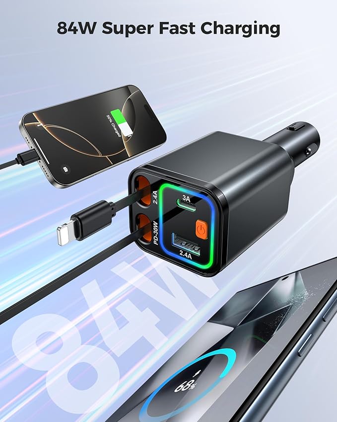 Retractable Car Charger 84W, 4-in-1 Fast Car Charger with Retractables 2.6ft, Cigarette Lighter Charging Block USB+USB C Cube for iPhone 13 14 15 16 17 Pro Max,Plus,Samsung Galaxy,Pixel