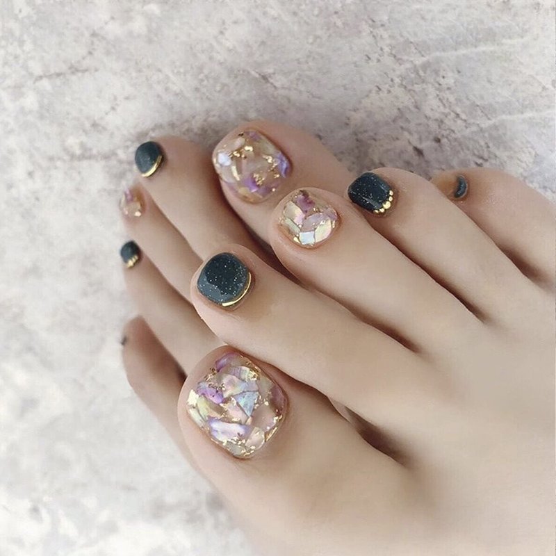 Light Rain Press on Toenails - Midnight, 3D Green Fake Toenails for Women, Luxury Reusable Seven Layers Gel UV Finish Hand Painted Art with Design by Professional Manicurist, Short Square, Small Size