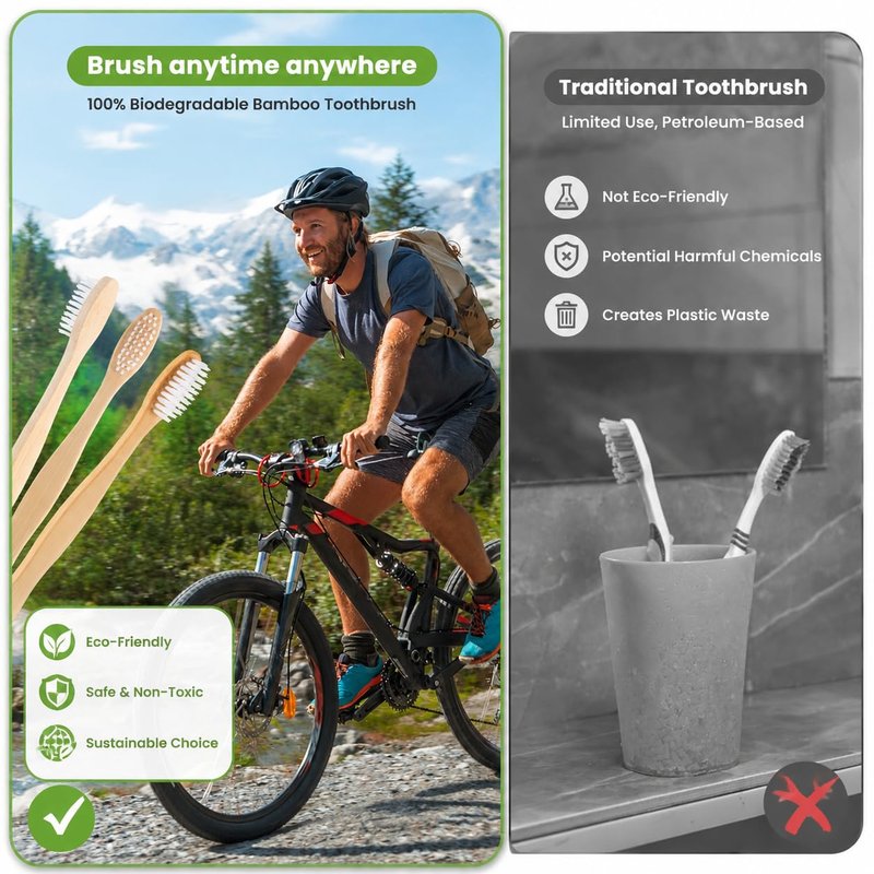 B Rush® 72Pack Bamboo Prepasted Toothbrush, Individually Wrapped Mini Travel Toothbrush with Pre-Pasted Mint Gel, Biodegradable Eco-Friendly Disposable Toothbrushes Travel Set for Adults & Kids