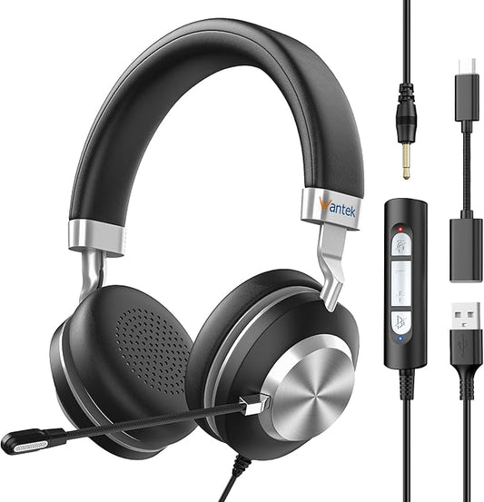 Wantek Headset wtih Mic, USB Headset with Microphone for PC, Computer Headset with Noise Canceling Microphone with Mute for Work Home Office Online Skype Zoom Meetings
