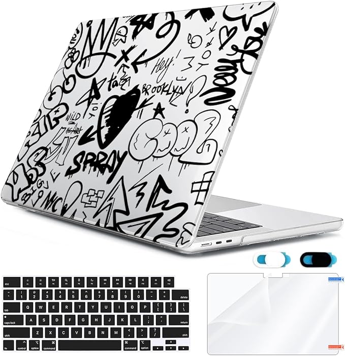 HOHAIYOO Compatible with MacBook Air 13 inch Case 2026 2025-2022 M5 A3449 M4 A3240 M3 A3113 M2 A2681, Hard Shell&Keyboard Cover&Screen Film&Webcam Cover for MacBook Air 13.6 inch Case, Black Graffiti