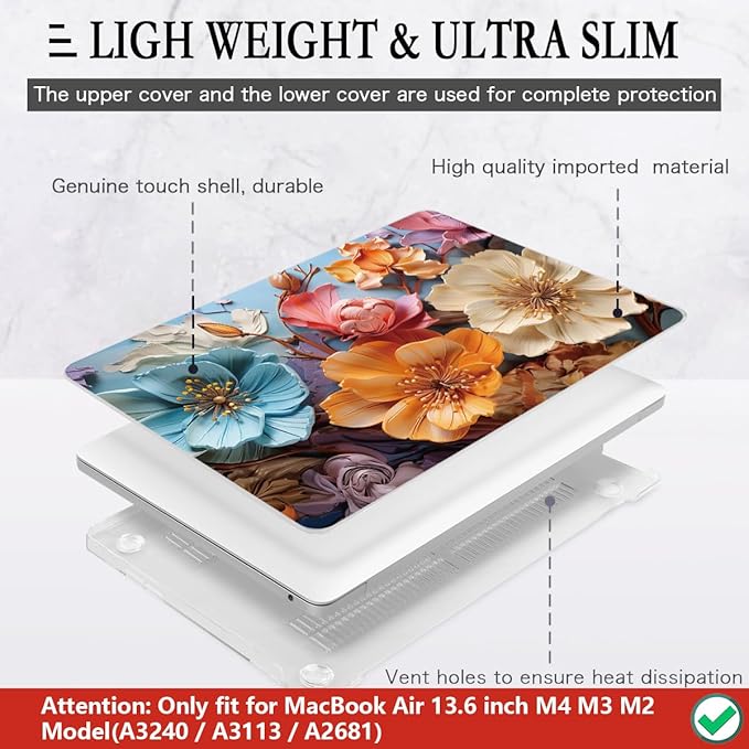 CISSOOK for MacBook Air 13 inch M2 M3 M4 M5 Case 2022 2023 2024 2025 2026 Release, Flower Hard Shell Cases with Keyboard Cover OTG Adapter for MacBook Air 13.6 inch A3449 A3240 M3113 A2681