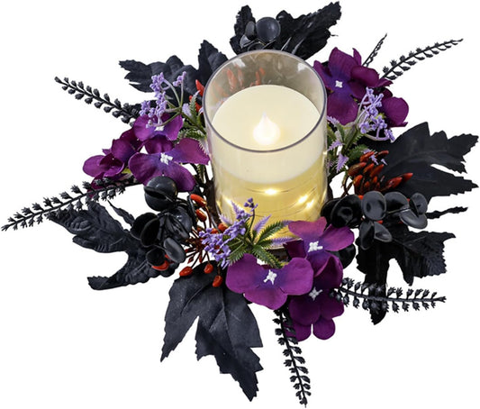 Purple Pansy Halloween Maple Leaf Candle Rings - Gothic Artificial Wreath for Table Centerpieces