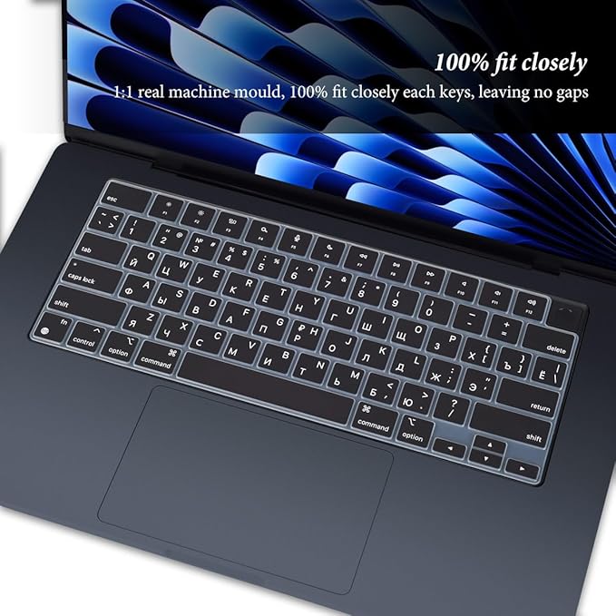 Russian Language Keyboard Cover Skin for 2026-2022 MacBook Air 15.3 inch A3448 A2941 A3114 A3241/MacBook Air 13.6 inch A3449 A3113 A2681 A3240 with M5 M4 M3 M2,MacBook Air Keyboard Protector-Black