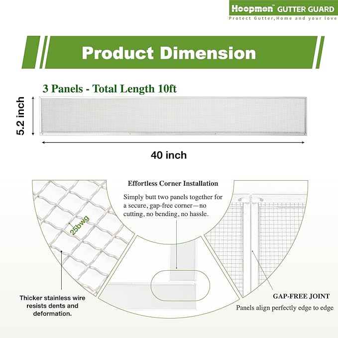 5 Inch Gutter Guard - Heavy Duty 100% Stainless Steel High-Flow Leaf Screen for Debris, Clog & Overflow Protection - Fits K-Style & Half-Round, Screws Included (10 FT, 3 pcs, 5in x 40in)