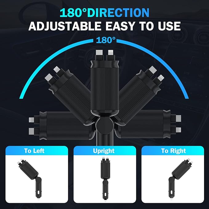 4 in 1 Retractable Car Chargers with Starlight, 66W USB C Fast Car Charger Adapter with 2 USB Ports for All iPhone 15/14/13/12/11 and for All Android (Dark Black - PurpleLight)