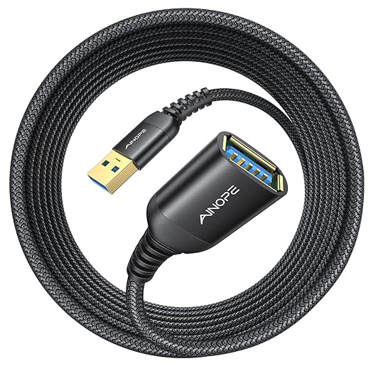 AINOPE 2 Pack USB Extensions Cable High Speed USB 3.0 Extension Cord Type A Male to Female Sturdy Braided Material Fast Data Transfer Compatible with USB Keyboard,Mouse,Flash Drive,Black,20FT+20FT
