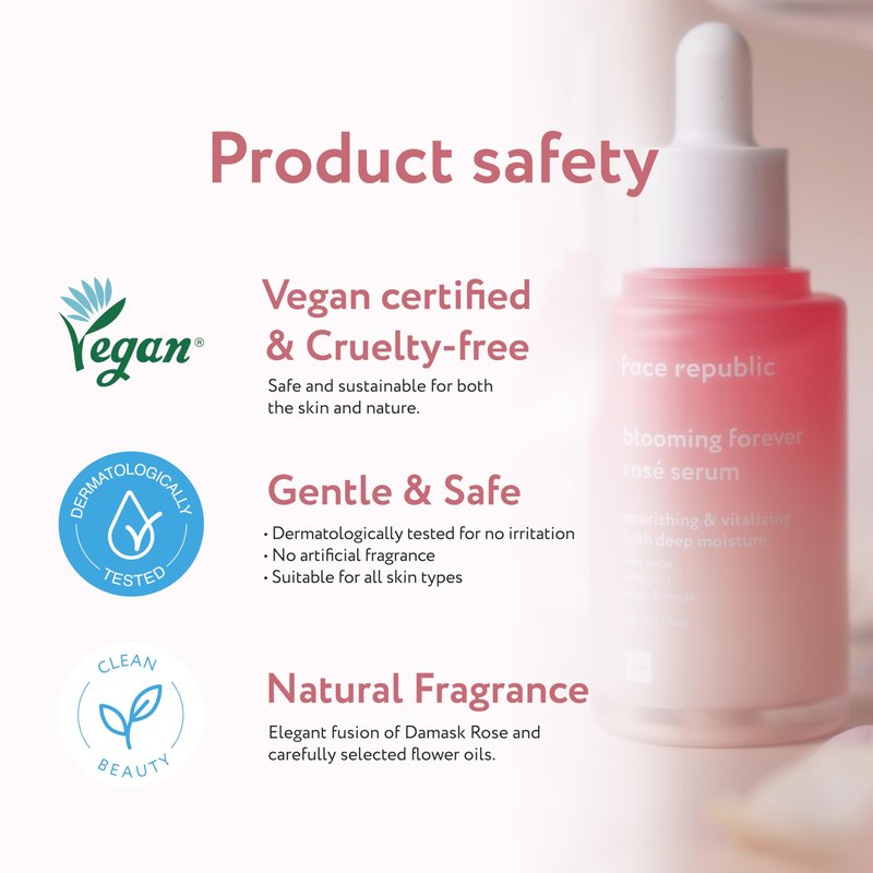 Face Republic Blooming Forever Rosé Serum 45ml 1.52 fl oz | Damask Rose, Bakuchiol | Revitalizing & Rejuvenating | Wrinkle Care | Firm and Elastic Skin | Vegan Korean Skincare