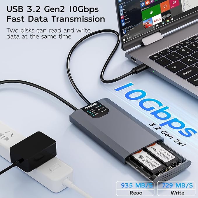 MAIWO Dual-Bay M.2 SSD Enclosure Cloner for NVMe & SATA, USB3.2 GEN2X2 10Gbps M.2 Duplicator Supports Bidirectional Offline Clone for SSDs Sizes 2230/2242/2260/2280