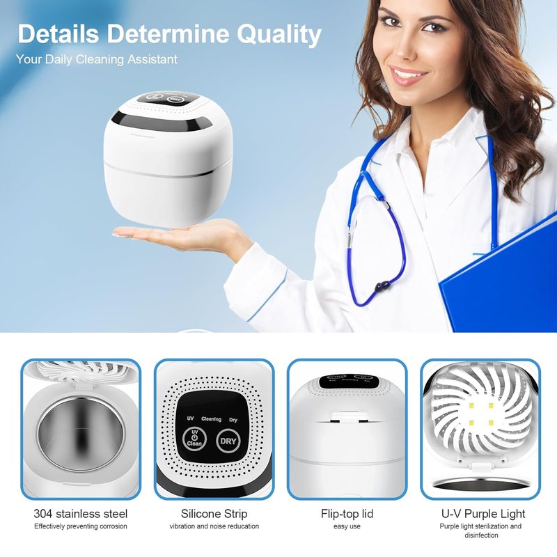 Ultrasonic Retainer Cleaner - 45kHz Digital Timer, 180ml for Dentures, Mouth Guards, Braces & Jewelry | White