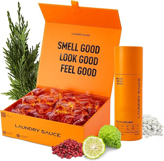 Laundry Sauce - Luxury Scented Laundry Detergent Pods & Scent Booster Bundle (Italian Bergamot), Natural Essential Oils, Easy-To-Use, Laundry Pods, Cruelty-Free, Paraben-Free, Dye-Free & HE Compatible