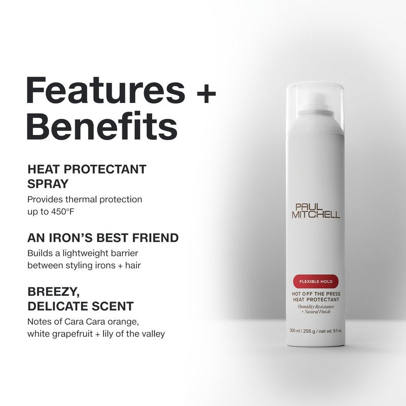 Paul Mitchell Hot Off The Press Heat Protectant, Humidity Resistance, Flexible Hold + Natural Finish, For All Hair Types, 6 oz