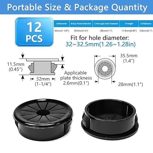 BOPOREAE 12 Pcs Cable Grommet, Snap Bushing 1-1/4" (32 mm) Mounting Diameter, Flexible Petal-Shaped Buckle Round Nylon Desk Grommet for Wires Through Countertop Cord Organizer and Protection, Black