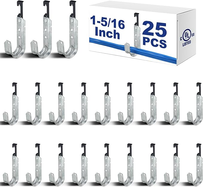 Zonon 25 Pcs J Hooks for Hanging Metal J Hook Hangers Cable Support with Bat Wing Heavy Duty G60 Galvanized Steel Cable Hooks for Attaching Ceiling Wire Threaded Rod (1-5/16 Inch)