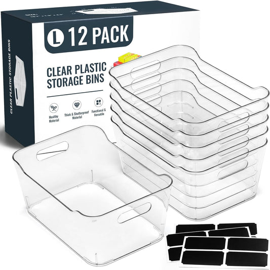 SOHO Collection Clear Plastic Storage Bins - 12 Pack Multi-Use Organizers with Labels for Home & Office - Large Size