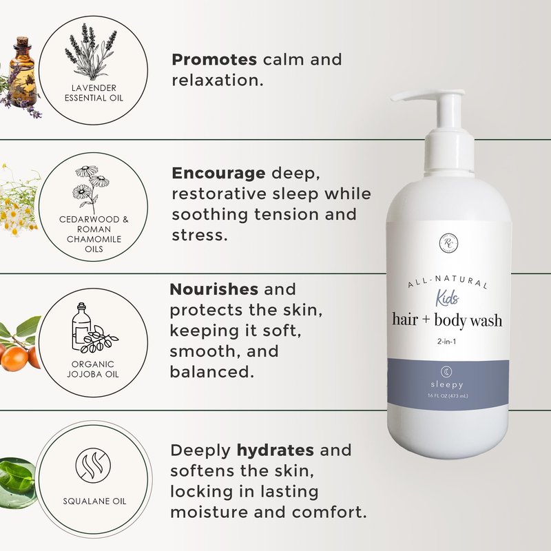 Rowe Casa Organics 2-in-1 Kids Hair & Body Wash with Therapeutic Essential Oils – Sleepy Kids Shampoo & Body Wash with Floral, Relaxing & Calming scent – 16 Fl. Oz