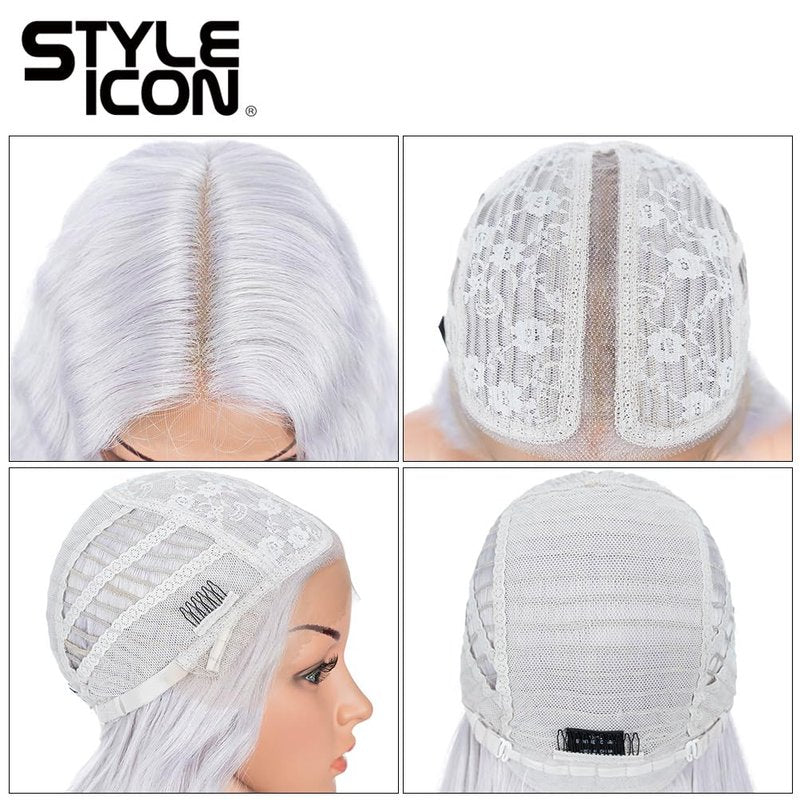 Style Icon 41" Lace Front Wigs Long Wavy Synthetic Wigs with Baby Hair Silver Grey Bohemian Style Half Hand Tied 130% Density Wigs (41", THISTLE)