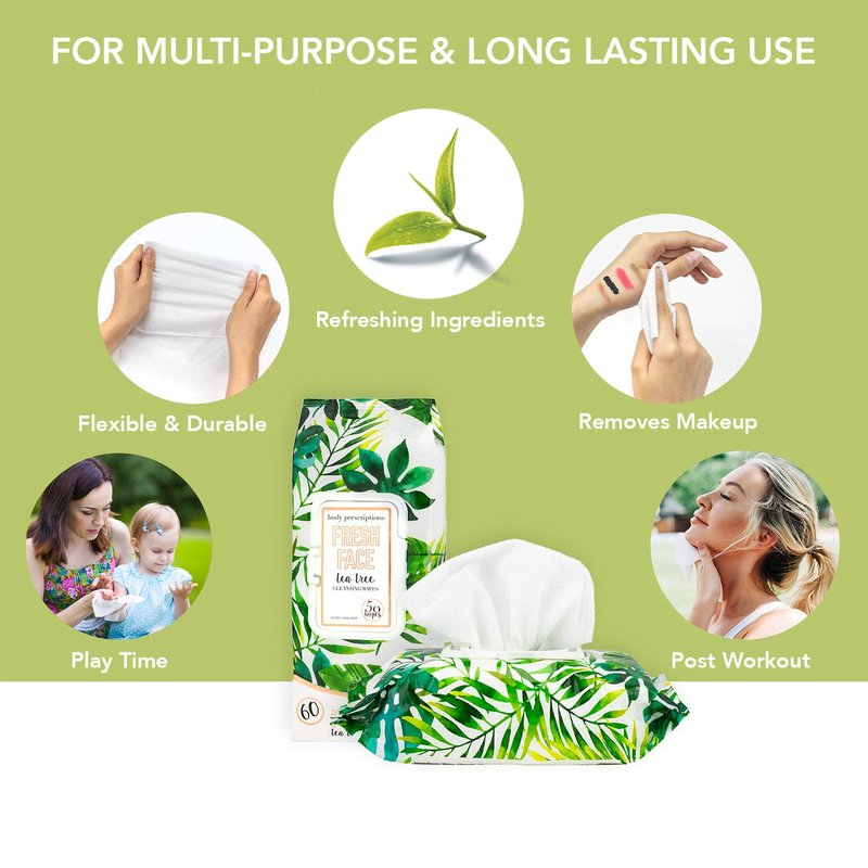 Body Prescriptions Tea Tree Facial Wipes, Moisturizing, Deep Cleansing Face Towelettes, Refreshing + Nourishing, Gentle Cleansing Cloths, 50 Count (Pack of 4), Fresh,Tea Tree