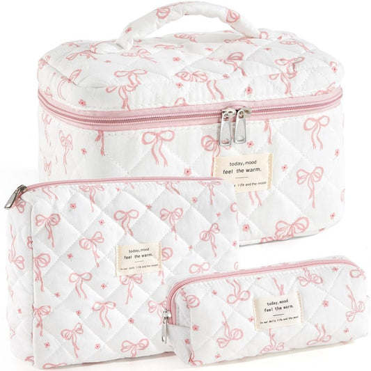 UUYUUY Makeup Bag for Women 3PCS Quilted Cotton Make Up Bag Travel Cosmetic Bag Large Makeup Bag Set Cute Bow Organizer Floral Toiletry Pouch for Purse, Bow B