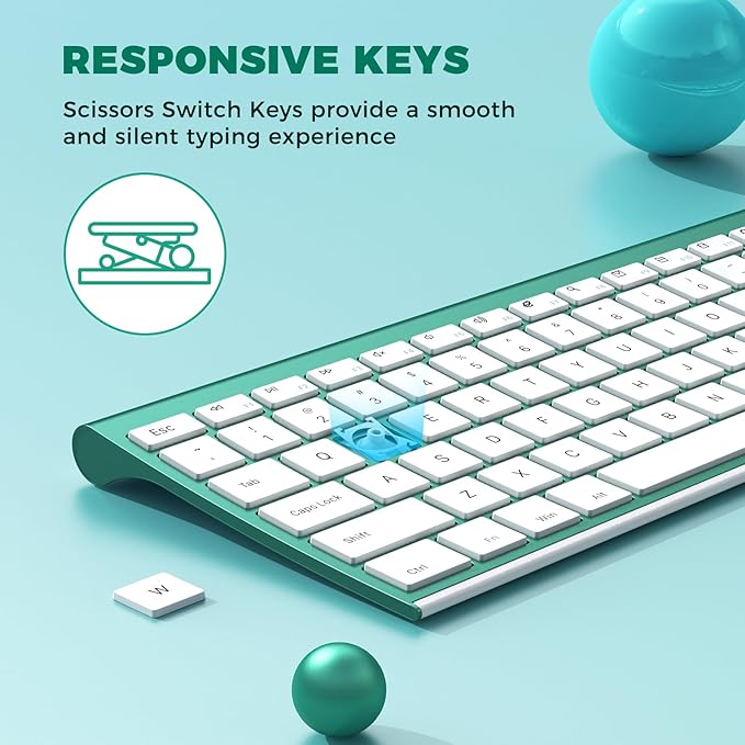 Rechargeable Wireless Keyboard Mouse, Vssoplor Quiet Full-Size Keyboard and Mouse Combo with USB for PC, Windows, Laptop-Blackish Green