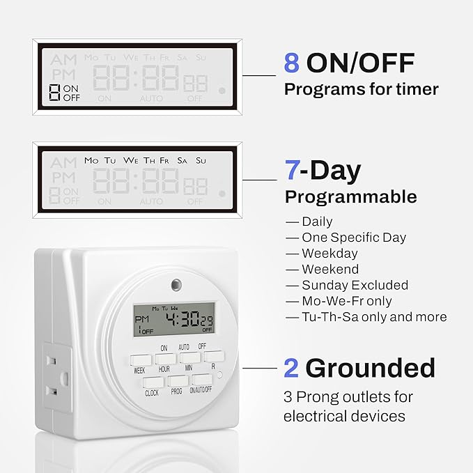 BN-LINK Indoor Digital Timer Outlet, Dual Outlet 7 Day Programmable Light Switch, 3 Prong Plug in Timers for Electrical Outlets, Lamps, Fans, 8 On/Off Programs, 1 Pack, 15A/1875W, ETL Listed