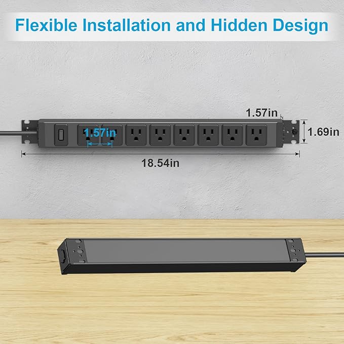 HHSOET Metal 360° Rotating Mountable Power Strip, 8 Outlet Surge Protector Power Strip, Heavy Duty Wall Mount Surge Protector with Switch,1200J,15A 125V 1875W, 10ft Power Cord.(Black)