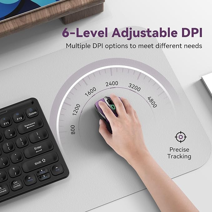 TechRise Bluetooth Mouse (BT5.0/3.0 & 2.4G) Rechargeable Wireless Mouse, 4800 DPI Optical Tracking, 6 Adjustable DPI, 2.4GHz with USB A Receiver, Quiet Clicks, Ergonomic Grips, 6 Buttons - Purple