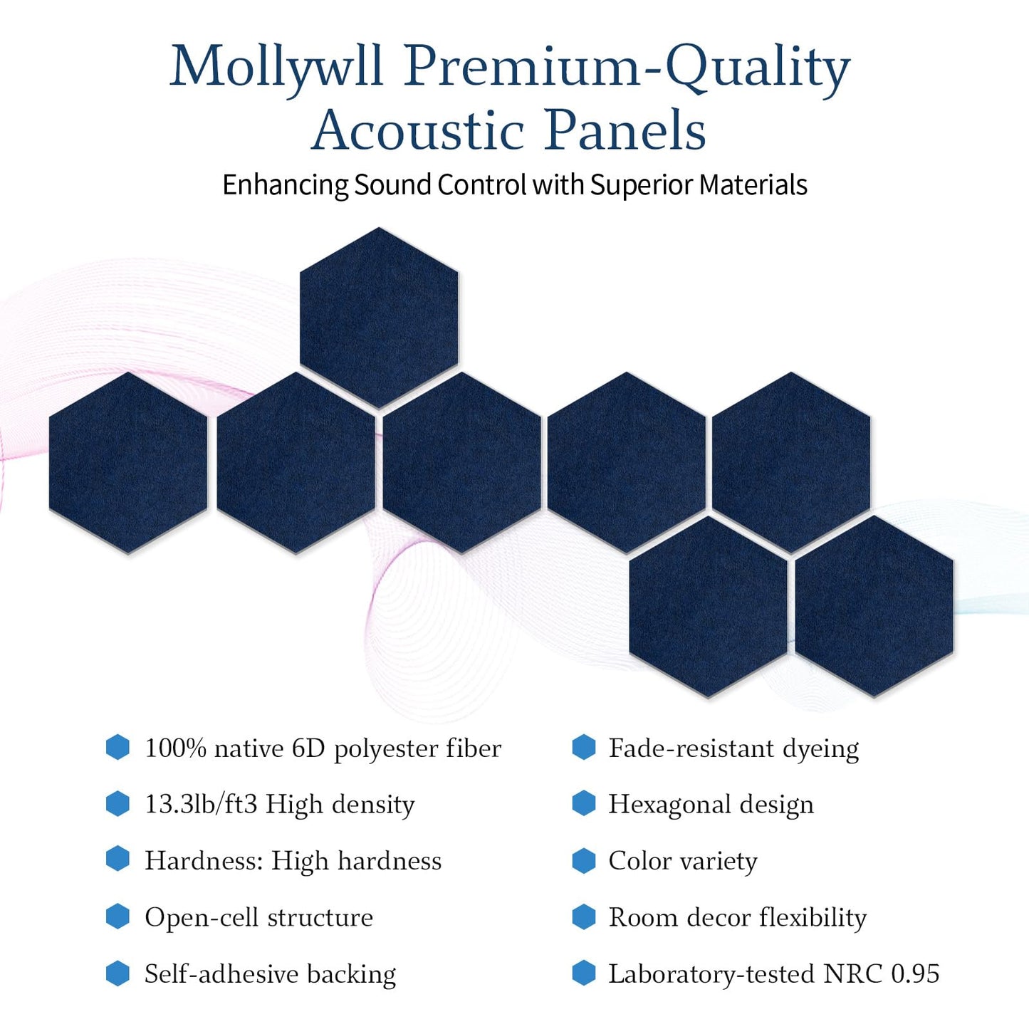 Mollywell Hexagon Acoustic Panels, Deep Blue, 8 Pack, 14x12 in