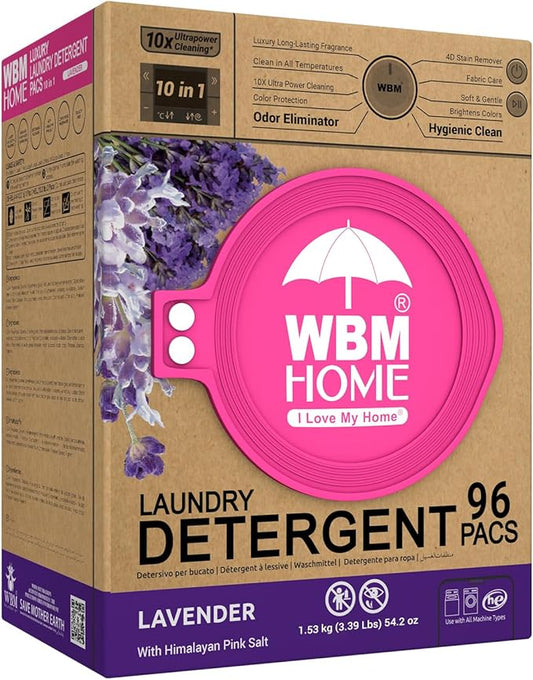 WBM 10-in-1 Laundry Pods with Softener & Scent Booster, 96 Count, High Efficiency (HE), Fabric Softener, Lavender Extracts, Stain Lifter, Eco-Friendly, Gentle, Fresh