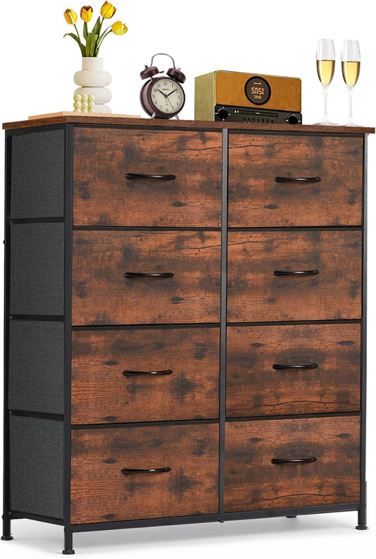 Regine Switzerland 8-Drawer Dresser - Anti-Tip Tall Storage Organizer with Wooden Top & Metal Frame - Brown
