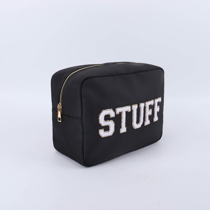 SkyTen Chenille Letter Make Up Bag Nylon Cosmetic Case Stuff Glam Stoney Clover Dupe Travel Organizer (Black, XL)