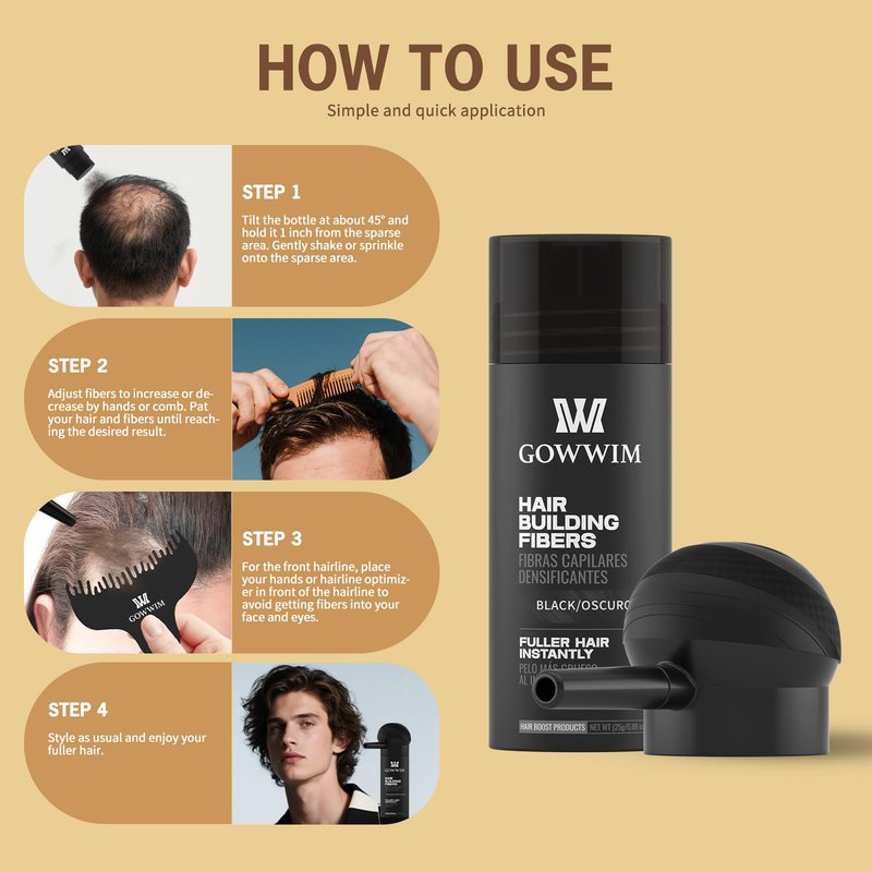 gowwim Hair Fibers with Spray Applicator Pump 2-in-1 Kit for Thinning Hair, Naturally Thickening Spray Fibers Waterproof Long-Lasting Grey Coverage Touch up for Bald Spot Cover up for Women & Men
