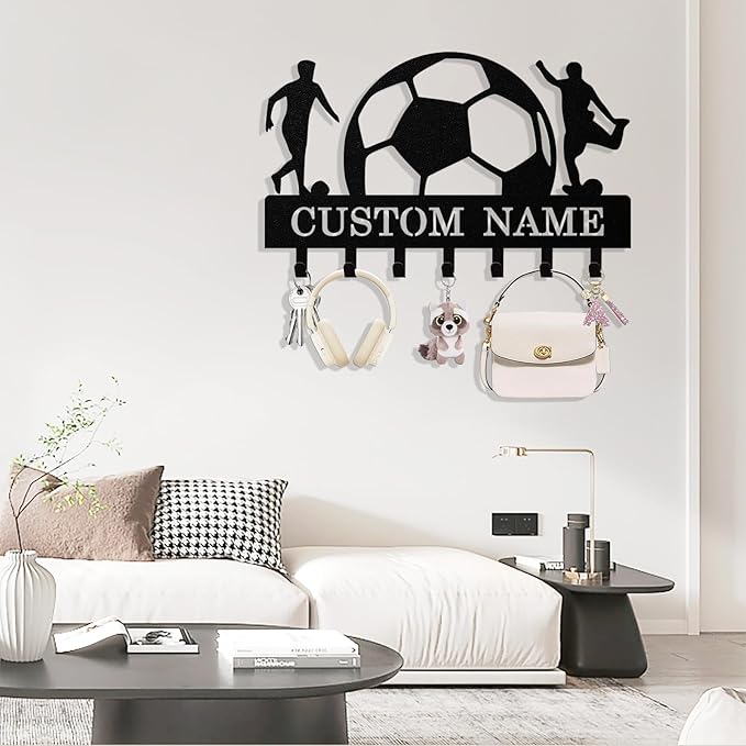 Syneiro Personalized Football Key Holder Wall Mount, Custom Metal Key Rack Key Holder with Name, Deer Cabin Wall Keys Hanger with Hooks for Entryway, Front Door, Hallway, Kitchen, Living Room