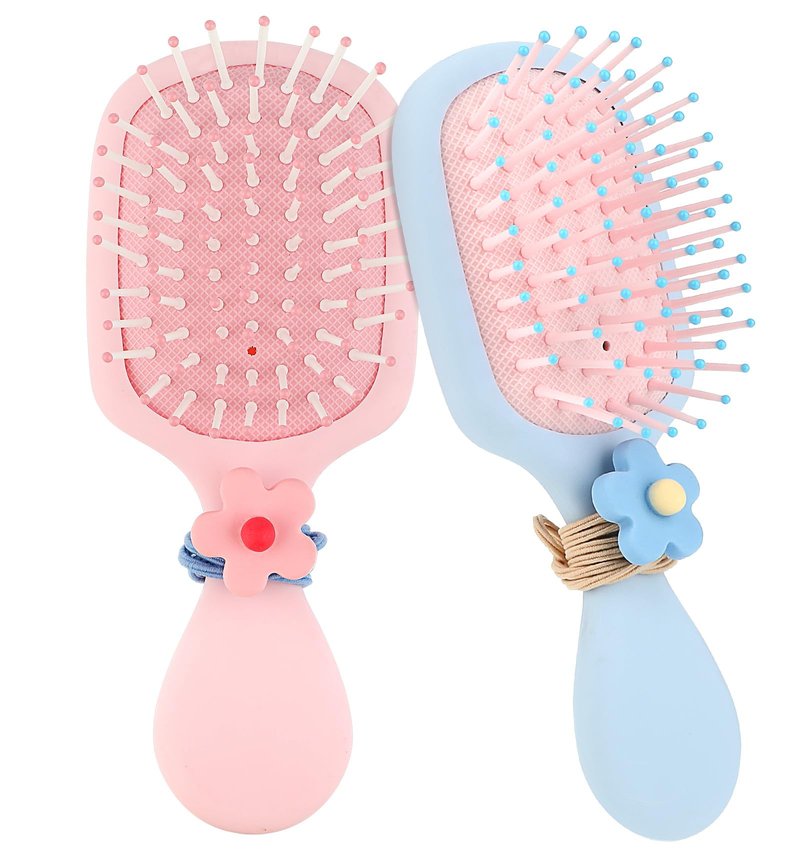 Toddler Hair Brush Girl, 2 Pcs Toddler Detangler Brush for Wet Dry Hair, Kids Boys and Girls with 2 Hair-Ties (Pink & Blue)
