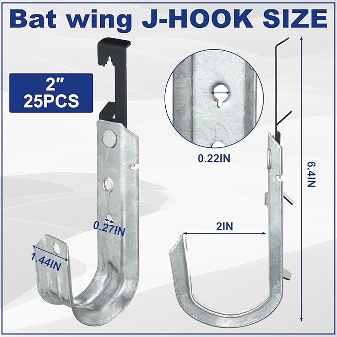 Zonon 25 Pcs J Hooks for Hanging Metal J Hook Hangers Cable Support with Bat Wing Heavy Duty G60 Galvanized Steel Cable Hooks for Attaching Ceiling Wire Threaded Rod (2 Inch)