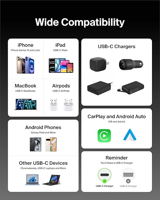 Belkin USB C to USB C Cable, 6.6ft, 60W - Type C Charger, iPhone Charger Cord, Soft, Braided, Flexible for iPhone 17, Galaxy S25, Pixel 10, Airpods, iPad Pro, Tablet & More, Travel Essentials - Black