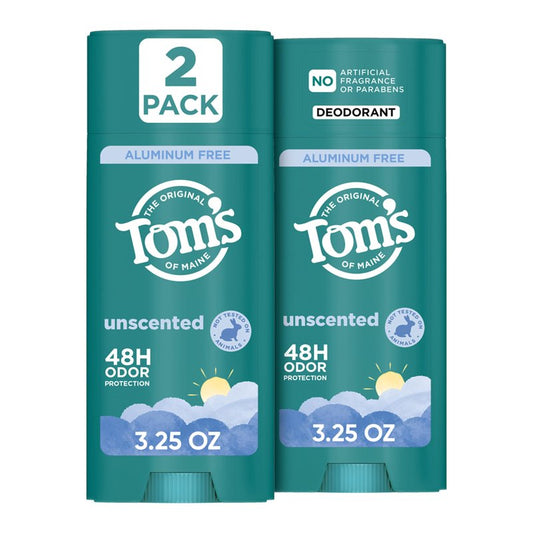 Tom’s of Maine Unscented Natural Deodorant, Aluminum Free, Clear Application, Odor & Wetness Protection, Naturally Derived Ingredients, 3.25 oz (2 Pack)