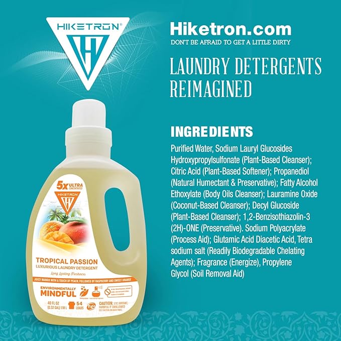 Hiketron Tropical Passion Liquid Laundry Detergent, 5x Ultra Concentrated, Tough Stains Remover, Long Lasting Scent (40 Fl Oz, Pack of 1)