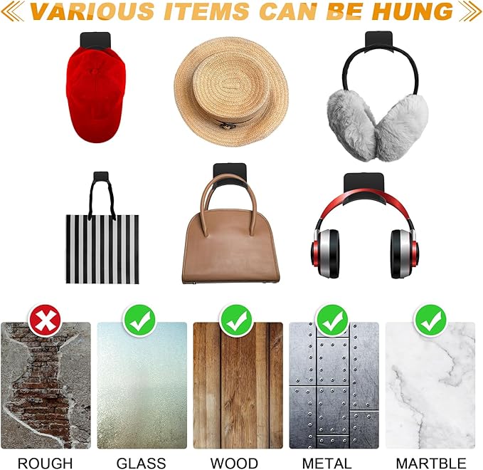 Wonderjune 12 Pcs Headphone Wall Hangers Adhesive Gaming Headset Holder Hooks for Wall Mount Strong Universal Stand Hooks for Most Headphone Controller, Hat, Baseball Caps, Door, Closet (Black)