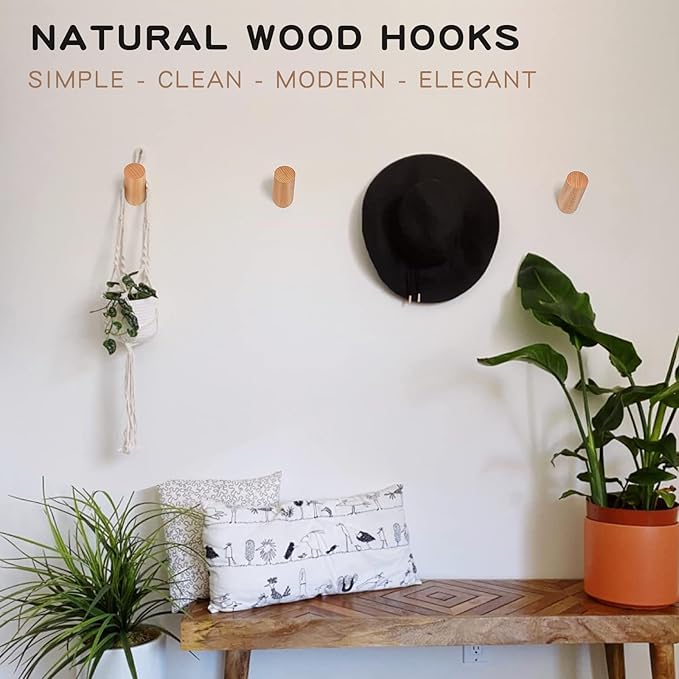 Felidio Wood Wall Hooks, 3 Pack Rustic Coat Hook Wall-Mounted, Decorative Hooks for Hanging Coats Hats Towels Robes Hat Rack for Wall (Beech Wood)