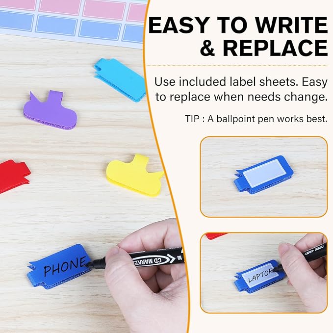 36-Pack Large Cable Labels with 40 Write-On Stickers, Reusable 8-Color Wire Tags for Electronics, Cord ID & Cable Management for Home Office, PC Network - Rectangle & Oval
