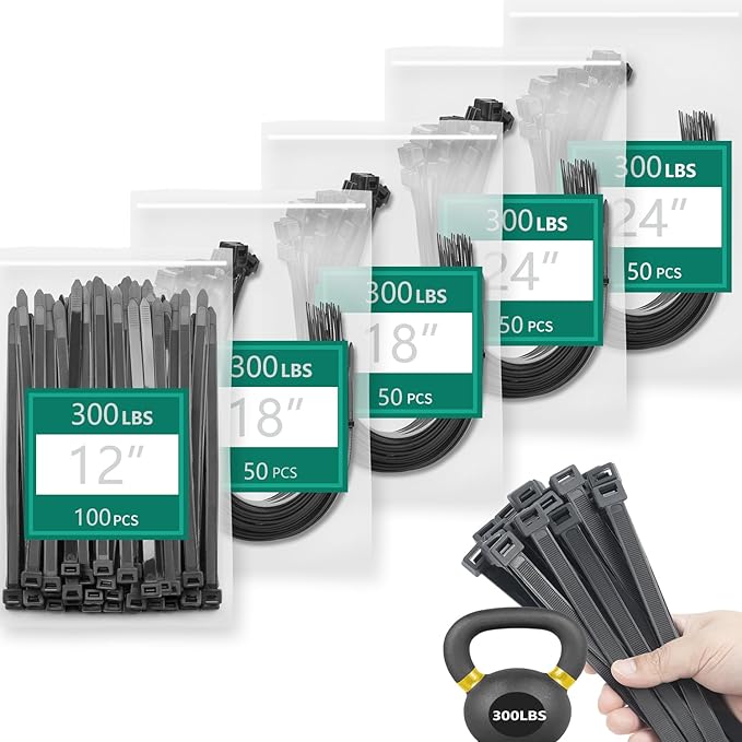 MasiStranth Zip Ties Assorted Sizes 300 Pack,12+14+18 Inch, 300LBS Tensile Strength Heavy Duty Self-locking Nylon Black Cable ties for Indoor Outdoor