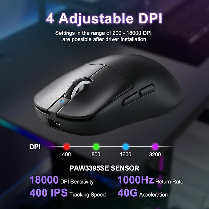MIKIBY R1 SE+ Gaming Mouse, 18000 DPI, High-Precision PAW3395 SE Sensor,55g Lightweight, Tri-Mode 2.4G/BT5.0/USB-C Mouse, Programmable Ergonomic Mouse for Laptops/PC/Mac (Black)