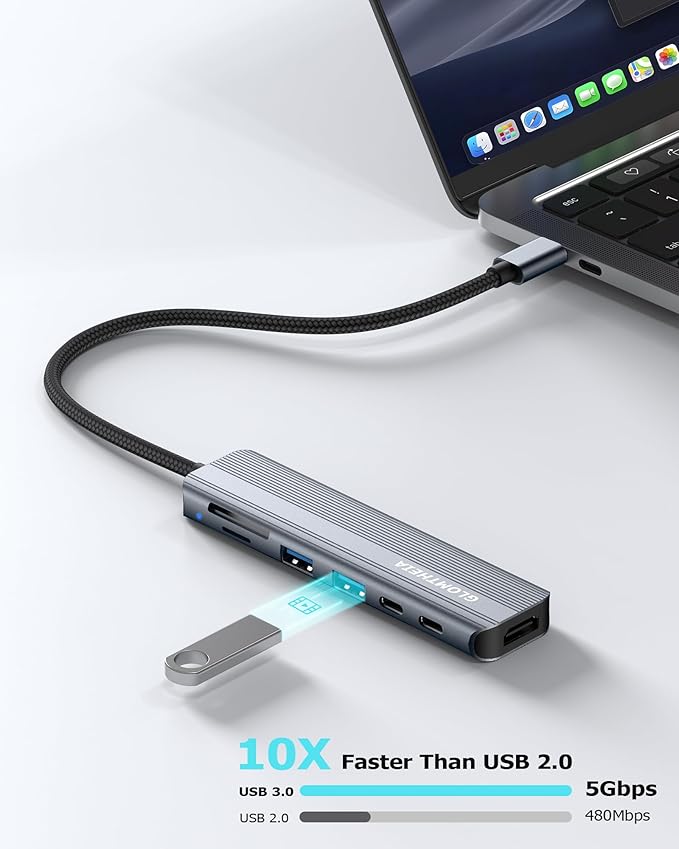 Glomtheia USB C Hub Multiport Adapter for Laptop MacBook Air/Pro, Multiple Ports Dongle Dock with 4K HDMI, 100W PD, 2xUSB-A 3.0, USB-C Data Port, SD/TF Card Reader