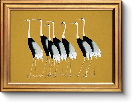WHASAYART Vintage Gold Framed Wall Art - Seven Cranes Animal Painting | 12"x16" Decor for Living Room & Kitchen